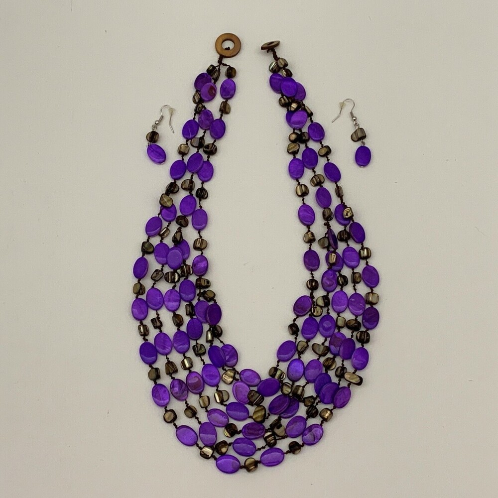 Women's Necklace Dangling‎ Earrings Set Purple Multi-Strand NWOT